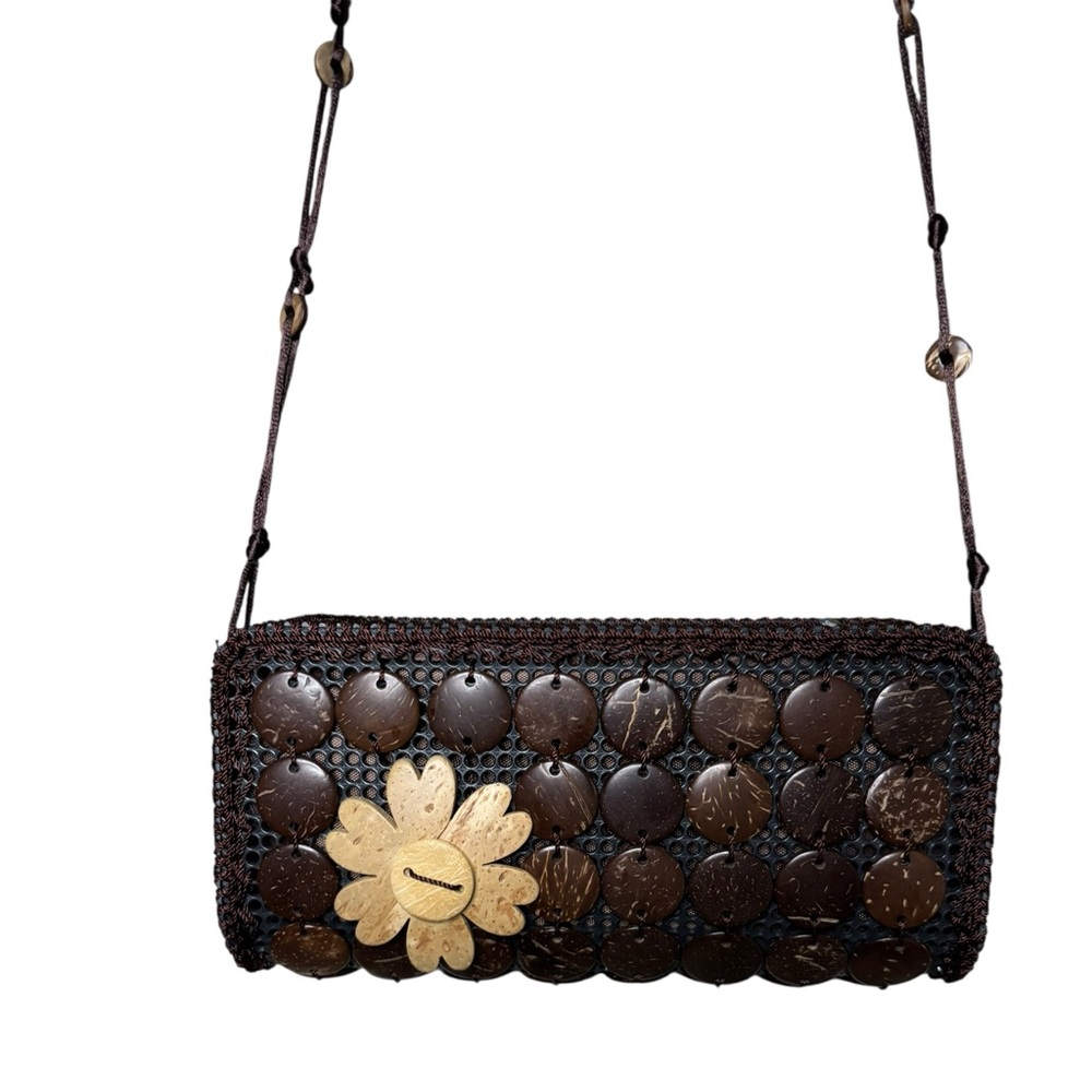 Vintage Coconut Shell Crossbody Bag Boho Island Handmade Purse